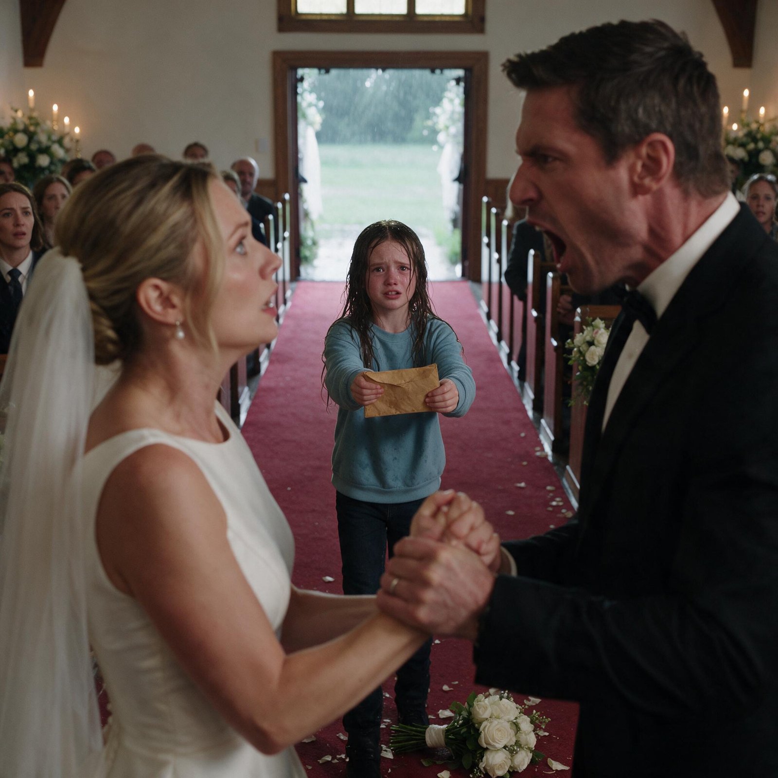 A rain-soaked girl in a pale blue sweatshirt standing in a chapel aisle holding out a worn tan envelope toward the groom