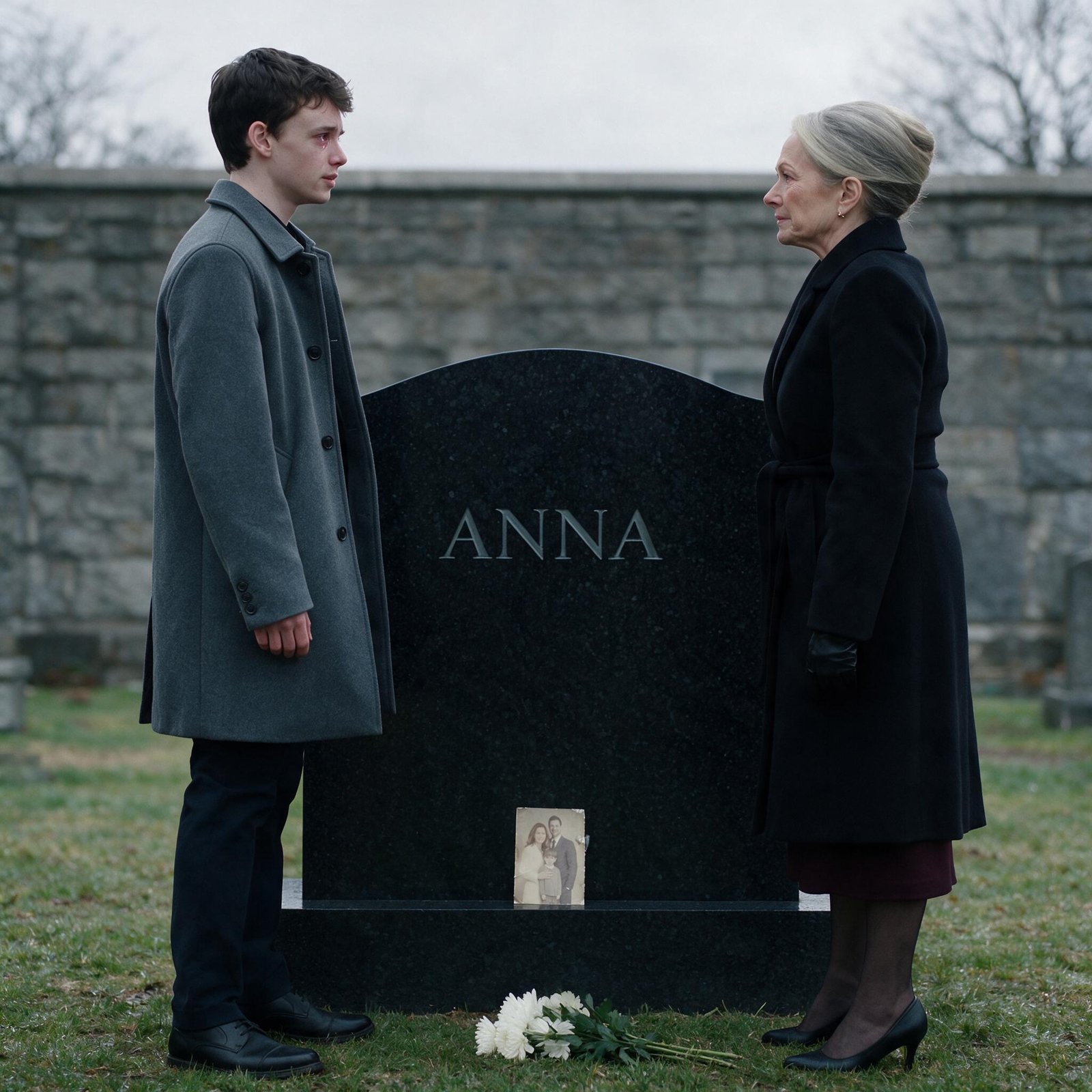 A young man in a gray coat and a silver-haired woman in black mourning clothes facing each other across a black granite headstone engraved ANNA, a faded family photo and white flowers at its base