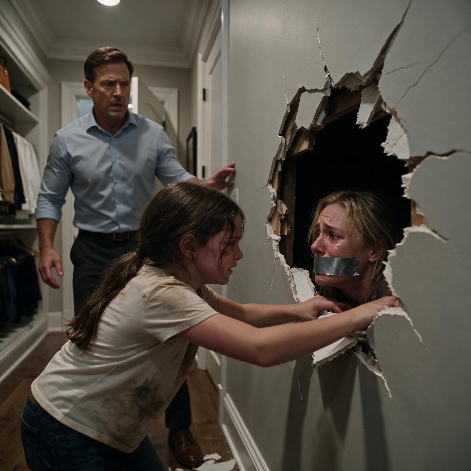 A nine-year-old girl in a dirt-stained shirt reaching into a torn-open drywall hole where her mother's tear-streaked, duct-taped face looks out, her shocked father behind them
