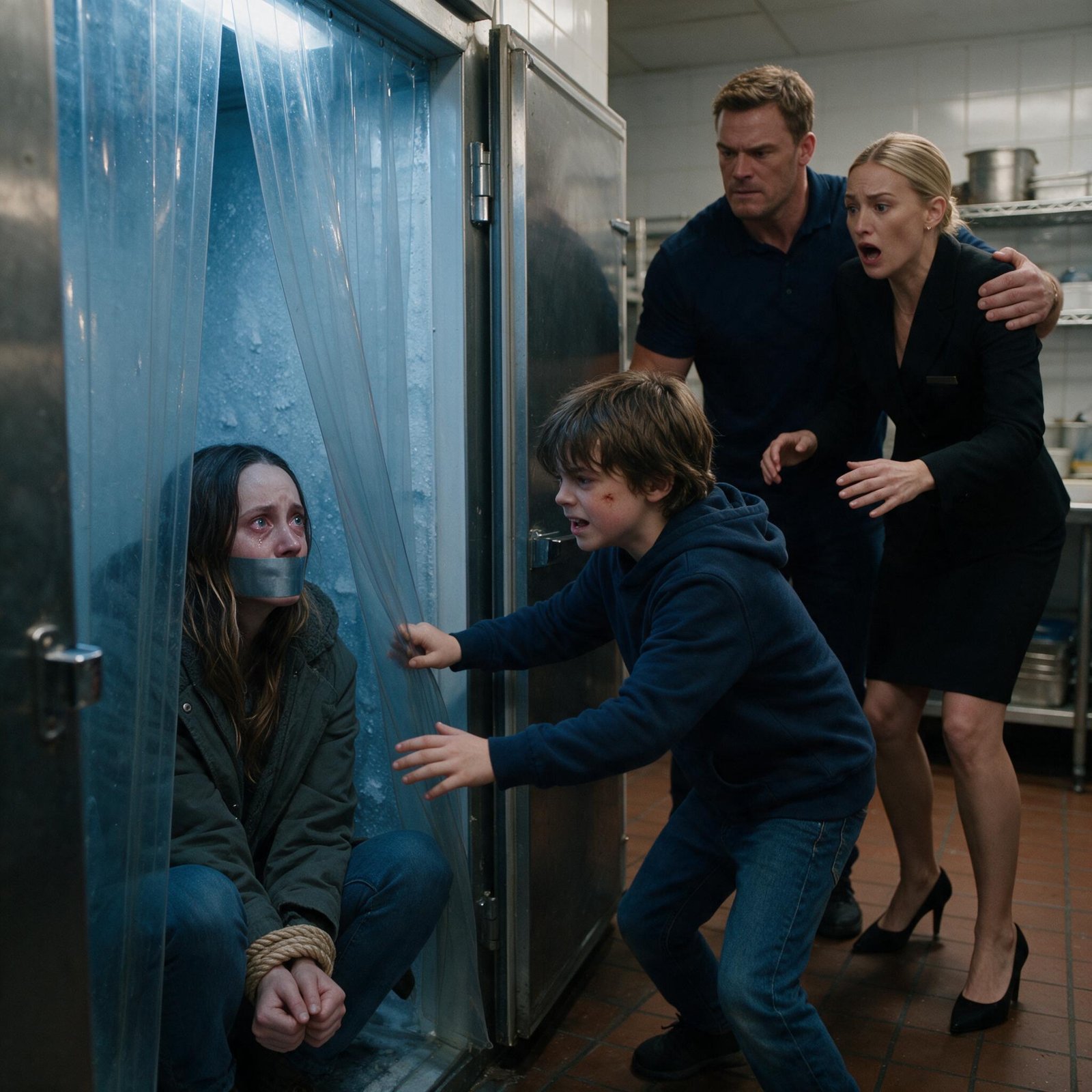 A twelve-year-old boy reaching toward an open walk-in freezer where his mother sits bound with rope and duct tape behind plastic strip curtains, his father holding back a shocked woman in a black suit