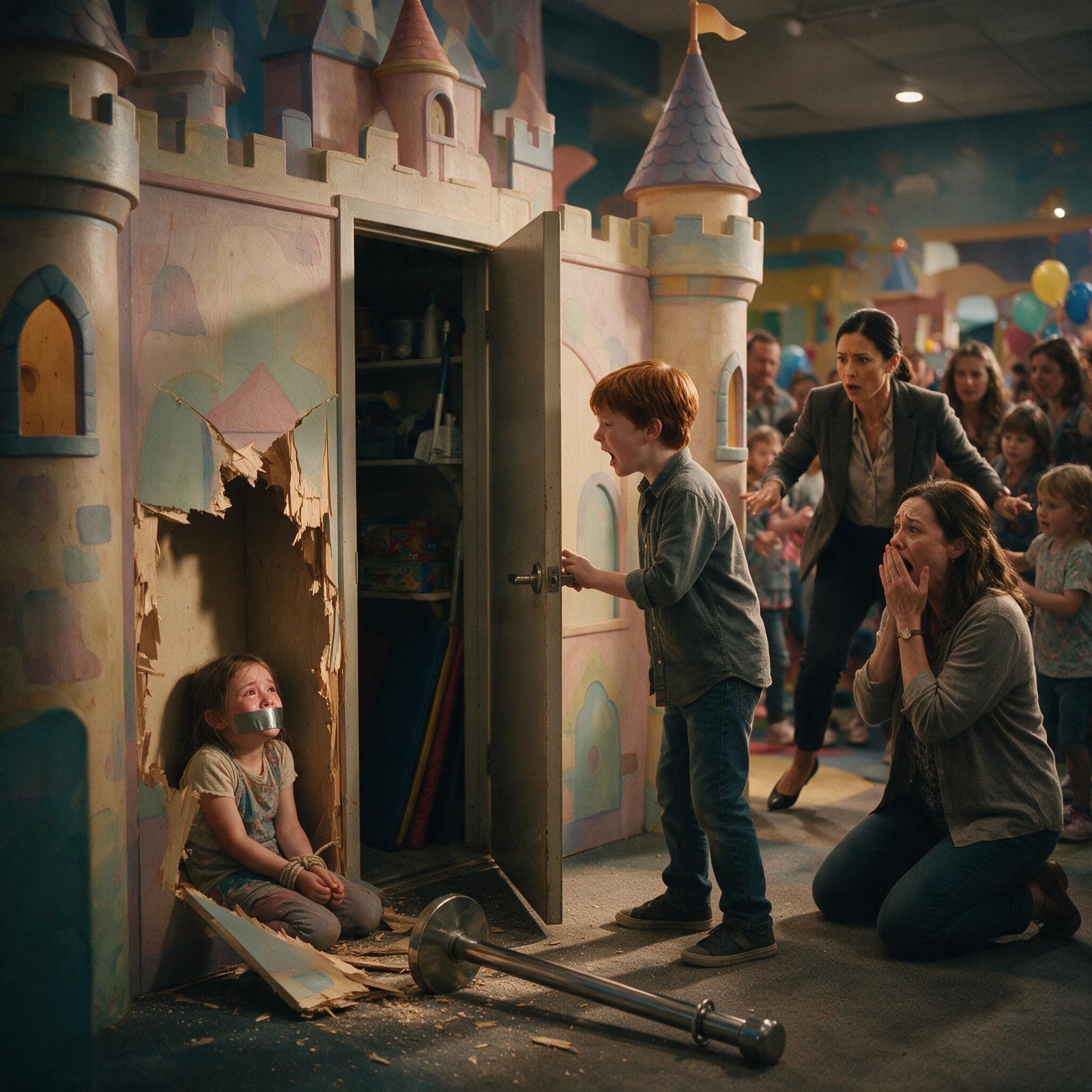 A twelve-year-old boy holding open a staff closet door behind a smashed fairytale castle panel while his little sister sits bound and taped on the floor and his mother drops to her knees in shock