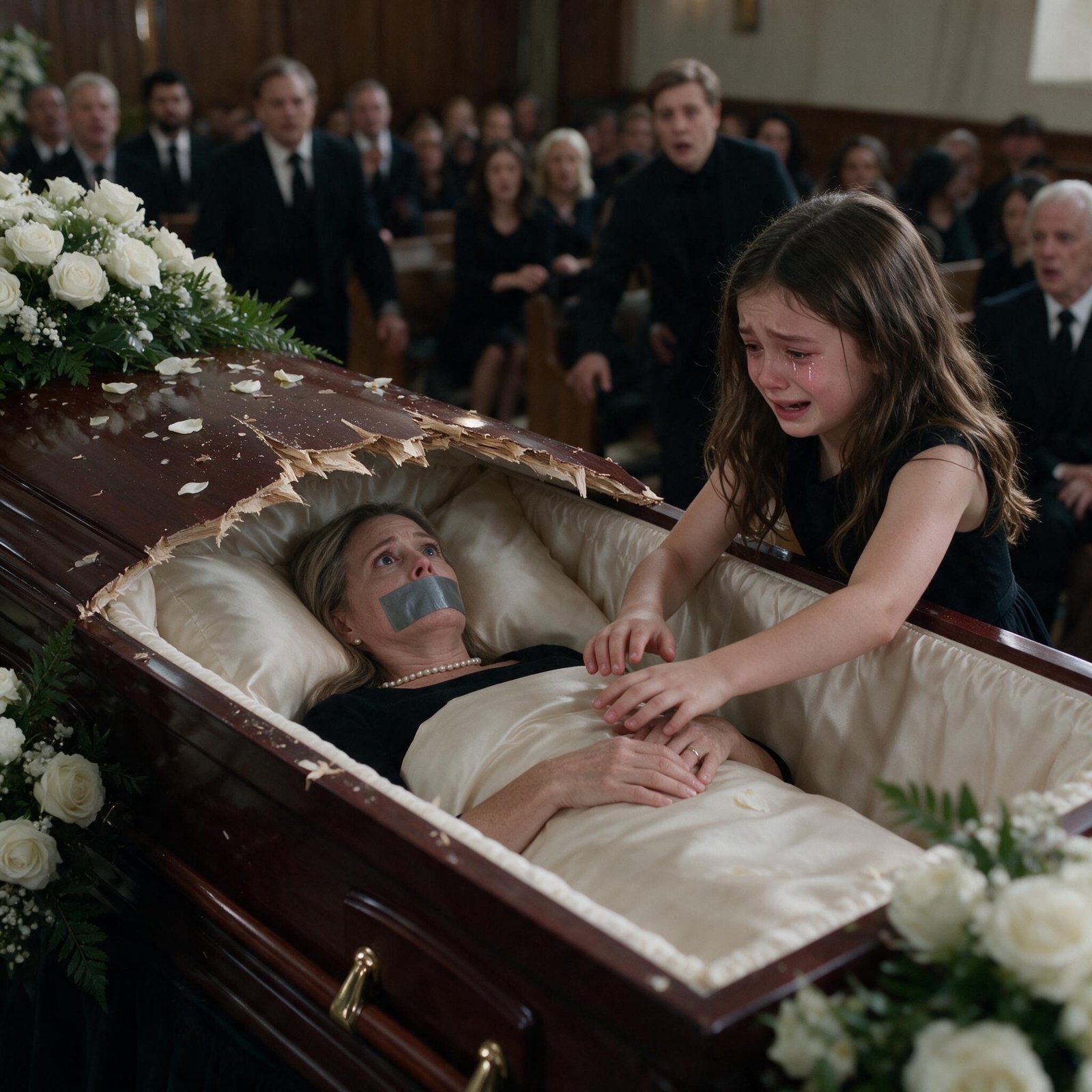 A teenage girl swinging a heavy brass candlestick down onto a closed mahogany coffin covered in white flowers while a funeral chapel of mourners recoils