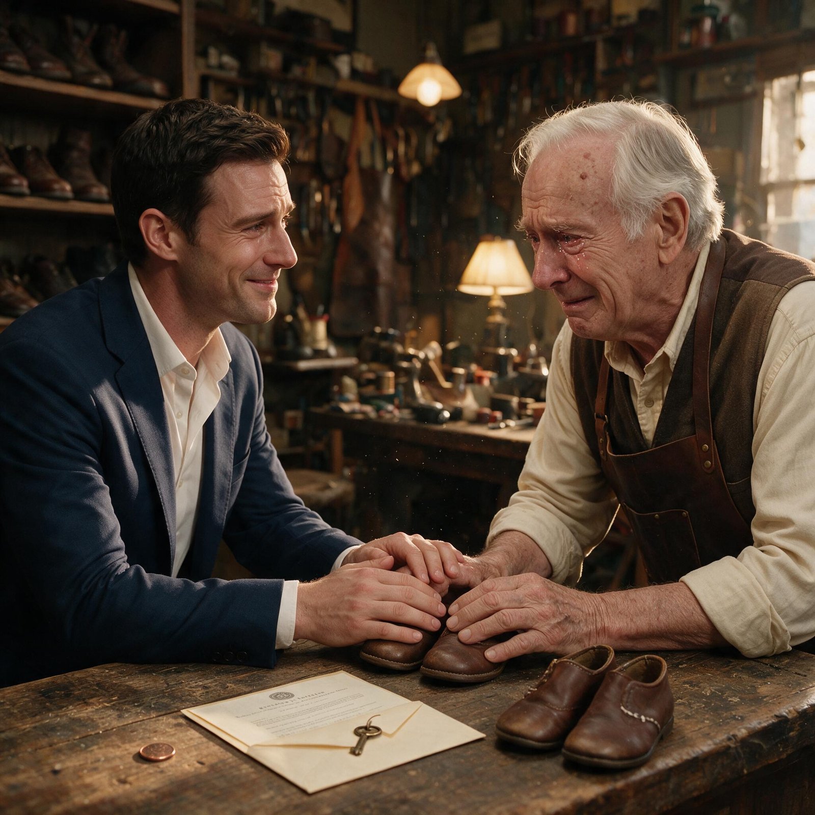 An old shoemaker in a leather apron crying over a pair of faded children's shoes on his counter while a man in a navy suit holds his hands, a penny and a property envelope beside them